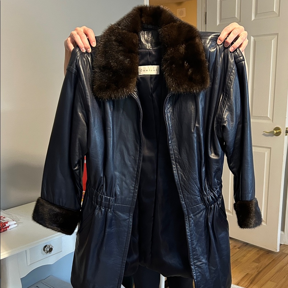 Vericci Black Leather Jacket with Brown Fur Accents